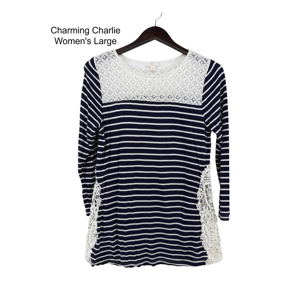 Charming Charlie Womens Large Navy White Striped Crochet Lace‎ Tunic 3/4 Sleeve